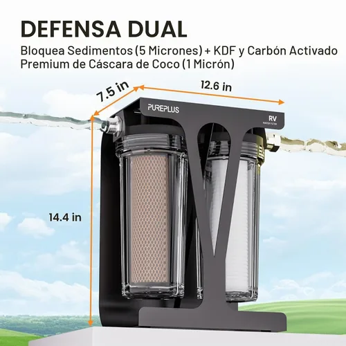 Vista 2 de PUREPLUS - Filtro de agua de doble etapa para RV, KDF/carbono y sedimento