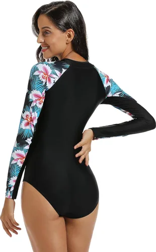 Vista 6 de LafyKoly Traje de baño de una pieza de manga larga para mujer, con protección UV, estampado de surf