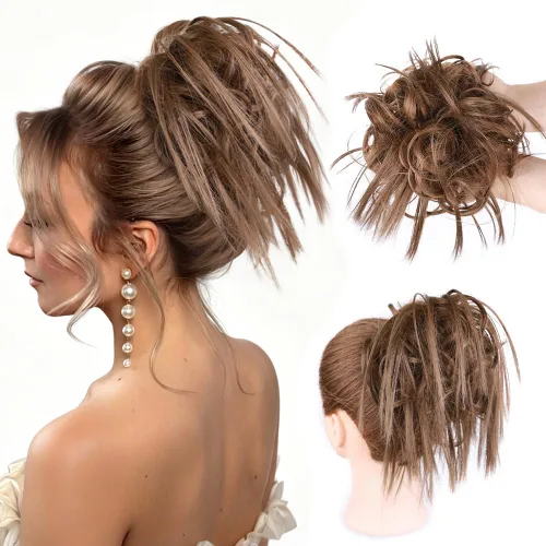 Vista 41 de HMD - Extensiones de cabello tipo chongo alborotado con rodelo despeinado, banda elástica de goma, extensiones de cabello sintético para mujer