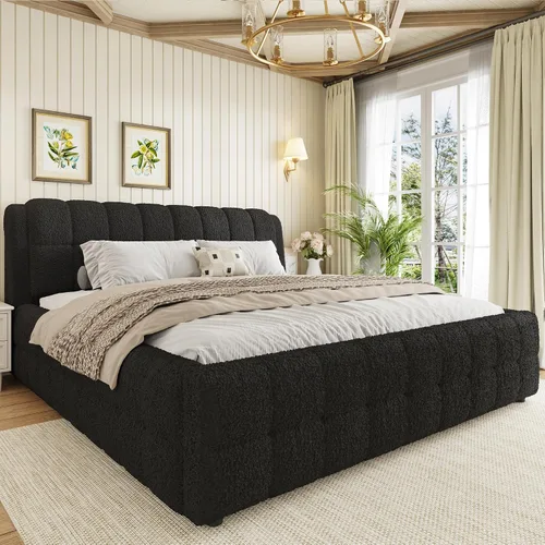 Vista 33 de Base de cama tapizada de terciopelo con cabecera capitoné de canal, cama de perfil bajo tamaño Queen con soporte de listones resistente, no necesita