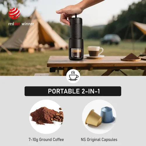 Vista 4 de STARESSO Kit de viaje 2026, juego de máquina de café espresso portátil y molinillo, doble uso para café molido y vainas, no necesita energía