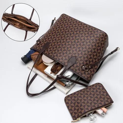 Vista 7 de Bolsos de mano para mujer, bolsos de moda de diseñador con asa superior, 2 piezas, con cartera pequeña (marrón)