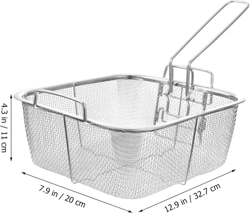 Vista 9 de Hemoton Cesta cuadrada de acero inoxidable para freír de 12.9 x 7.9 pulgadas con mango plegable, colador de freidora profunda para papas fritas