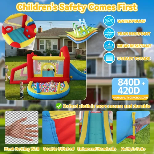Vista 7 de Casa inflable de rebote para niños de 9 en 1 con tobogán alto, piscina de pelotas, juego de fútbol de habilidad, juego de sacos de arena