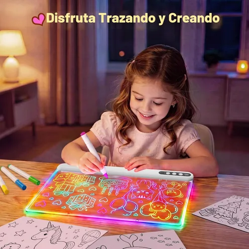 Vista 3 de Tablero de dibujo LED de 16 pulgadas para niños, tablero de notas LED recargable con 7 colores, tableta de dibujo iluminada, 7 modos dinásticos