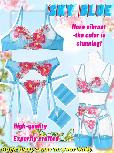 Vista 4 de Kaei&Shi Floral Embroidered Garter Belt Set,Sheer Lingerie Sets for Women Sexy,Wedding Night Valentines Boudoir Outfits