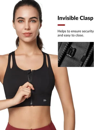 Vista 5 de Yvette Sujetadores deportivos para mujer de alto impacto con cremallera frontal, brasier deportivo de alto soporte, busto grande para entrenamiento