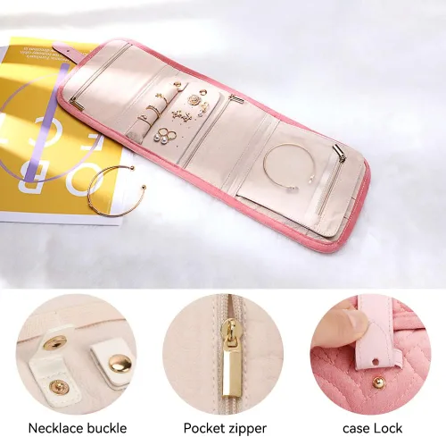Vista 3 de Voova Estuche organizador de joyas de viaje, bolsa pequeña de almacenamiento de joyas para artículos esenciales de viaje, bolsa plegable portátil