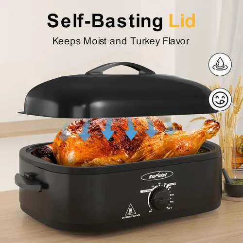 Vista 7 de Sunvivi Horno asador de 14 cuartos de galón, horno asador eléctrico de cocción lenta con tapa autohilvanado, tostadores de pavo con sartén y estante