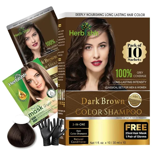 Vista 12 de Herbishh Dark Brown Travel Pack Champú Color 1 fl oz + Máscara de Argán 0.8 #Marrón oscuro