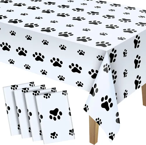 Vista 7 de Tatuo 2 manteles con estampado de patas, decoración de cumpleaños de perro, funda de mesa de plástico con diseño de pata de gato, desechable, Negro