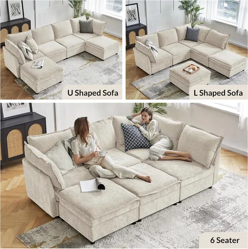 Vista 7 de HULALA HOME Sofá seccional modular, sofá grande en forma de U de 8 asientos con otomano de almacenamiento, sofá cómodo de chenilla con asiento