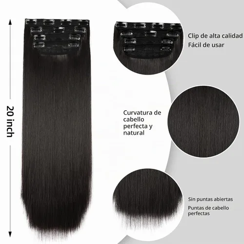 Vista 5 de Extensiones de cabello liso negro natural, extensiones de cabello con clip, extensiones de cabello suave para mujer, 20 pulgadas, extensiones de 2#