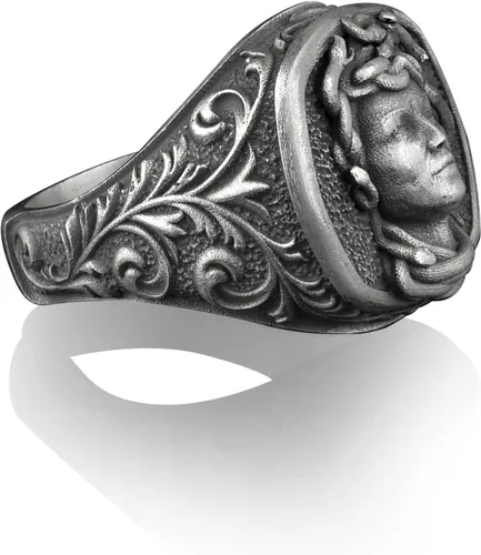 Vista 2 de BySilverStone Jewelry - Anillo de sello Gorgon Medusa, anillo de sello cuadrado de plata de ley, mitología griega, anillos de meñique para mujeres