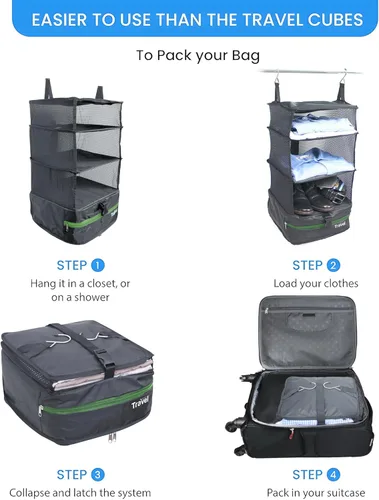 Vista 7 de Grand Fusion Stow-N-Go Organizador de equipaje de viaje Estantes de viaje colgantes portátiles, organizador de armario de mano, cubos de embalaje