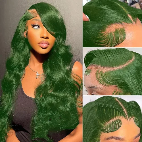 Vista 14 de Colorful Bird Pelucas de cabello humano brasileño ondulado con encaje frontal de 13 x 4 HD, predepilada con abuelitos, color verde oscuro, pelucas