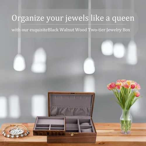 Vista 8 de Exquisito joyero de madera de nogal negro, organizadores y soporte solución de almacenamiento noble y elegante, para mujeres, niñas, San Valentín