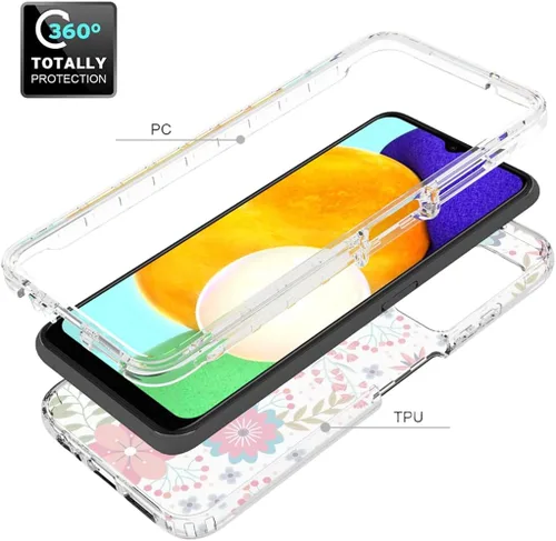 Vista 3 de Funda para Galaxy A03S / SamsungA03S SM-A037U con protector de pantalla de vidrio templado, cuerpo completo transparente floral TPU delgado funda