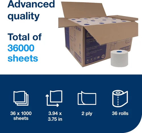 Vista 2 de Tork Rollo de papel higiénico de alta capacidad blanco T26, 36 x 1000, 110292A Compatible con dispensadores T26, rollos avanzados de 2 capas