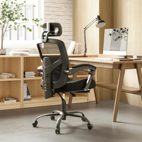 Vista 2 de Silla ergonómica de oficina, silla de escritorio de malla con respaldo alto para computadora con soporte lumbar y ruedas, silla giratoria ajustable