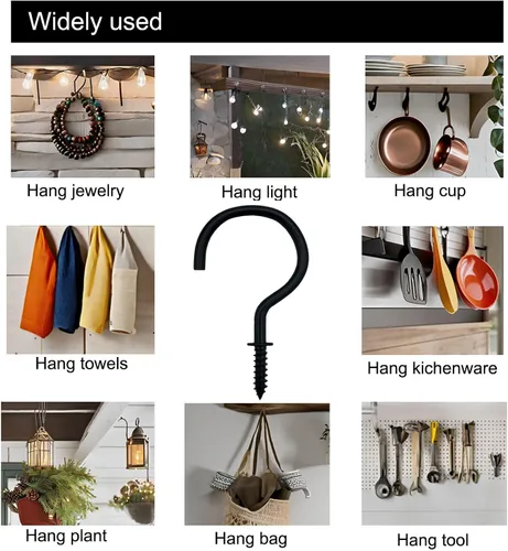 Vista 4 de Ganchos de rosca de 2 pulgadas, ganchos de techo negros para tazas, 20 ganchos de rosca, luces de Navidad y cortinas, cocina, colgador de plantas