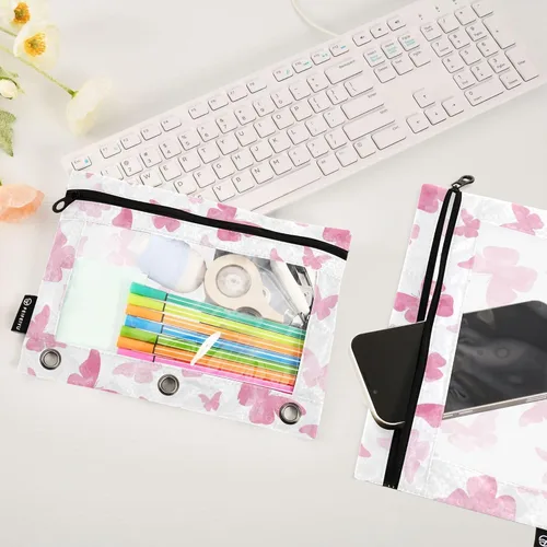 Vista 4 de Estuche para lápices de mariposa con 3 anillos, bolsa con cremallera y ventana de PVC transparente para la familia, oficina, paquete de 2
