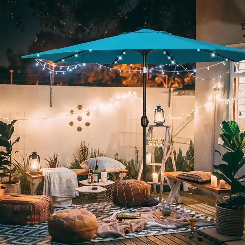 Vista 8 de Blissun Sombrilla solar de 9 pies, sombrilla de patio con 32 luces LED, sombrilla de mercado de mesa, sombrilla al aire libre para jardín, terraza