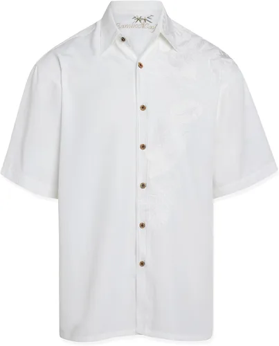 Vista 4 de Bamboo Cay Camisa tejida bordada casual de manga corta para hombre Island Leaf Nation Borgoña