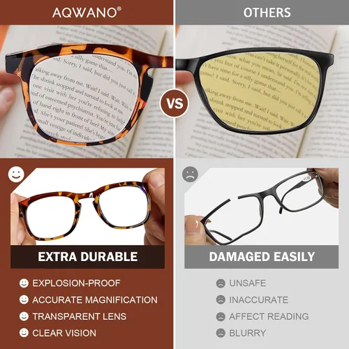 Vista 6 de AQWANO Anteojos de lectura de calidad para hombres y mujeres, cuadrados, bloqueo de luz azul, con bisagras de resorte cómodas, 3.5