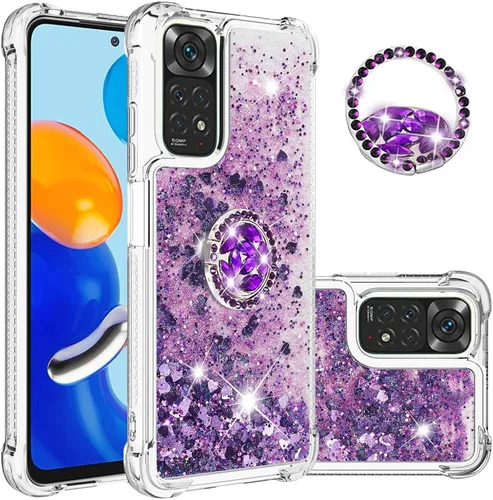 Vista 8 de CCSmall Para Xiaomi Redmi Note 11 4G Clear Glitter Case, Liquid Sparkle Quicksand Flowing Soft TPU Phone Cover con anillo de rotación de diamante