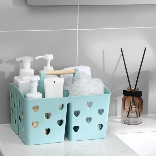 Vista 4 de Anyoifax Cesta de plástico portátil con mango de madera, organizador de almacenamiento dividido con compartimentos para baño, dormitorio