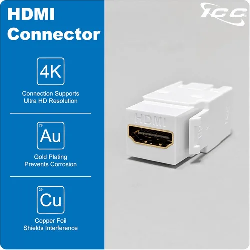 Vista 3 de ICC Conector Keystone HDMI de 90 grados, acoplador HDMI hembra a hembra, inserto de ángulo recto para placa de pared, estilo HD, blanco, individual