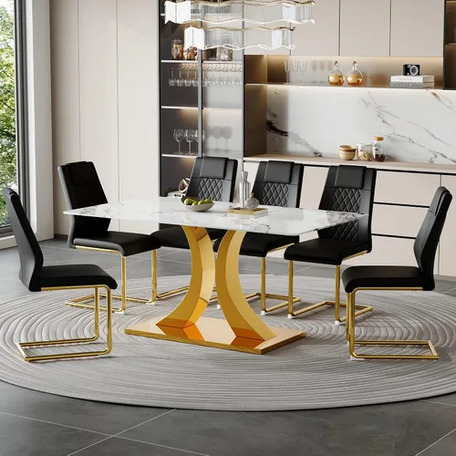 Vista 14 de Juego de mesa de comedor de mármol para 4, moderna mesa de oro blanco de 63 pulgadas con patas de marco de forma intercambiable y sillas de comedor
