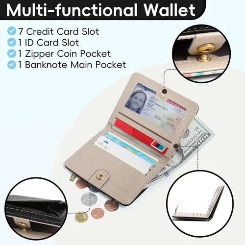 Vista 3 de Billetera pequeña para mujer, con bloqueo RFID, de piel, plegable, para tarjetas de crédito, con ventana de identificación, con cremallera, bolsillo