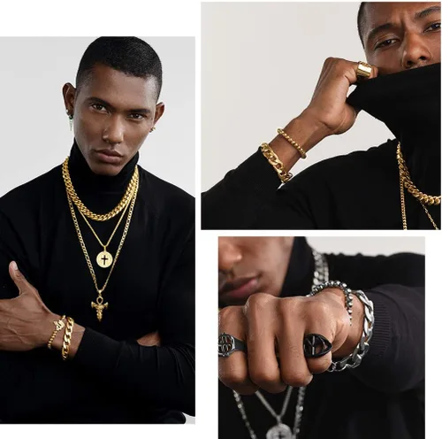 Vista 3 de PROSTEEL Pulsera de eslabones cubanos para hombre, negrooro de 18 quilates, acero inoxidable 316L, joyería de hip hop, ancho 0.236 in0.354 in0.512
