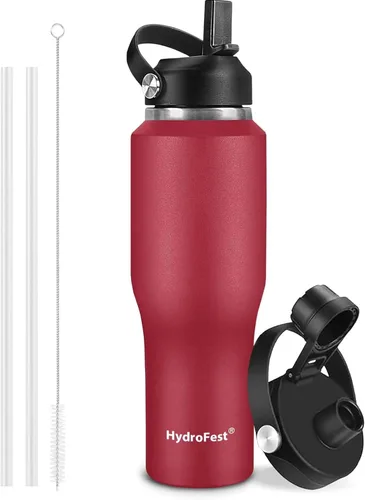 Vista 11 de Botella de agua de 32 onzas aislada con popote, botellas de agua a prueba de fugas, botella de agua para hombre, acero inoxidable para gimnasio
