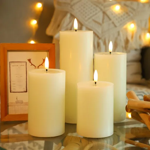 Vista 5 de Lezonic Velas LED de color marfil sin llama con temporizador remoto, paquete de 4 velas parpadeantes, diseño de grasa, pilar de cera real