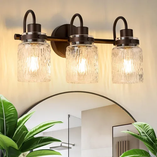 Vista 16 de 2 luces de tocador de baño, lámparas de baño de níquel cepillado con pantalla de vidrio martillado para tocador, sobre espejo, pasillo