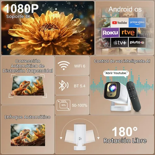Vista 2 de Mini proyector Wifi Bluetooth, enfoque automático, nativo 1080P, soporte 4K Negro-blanco