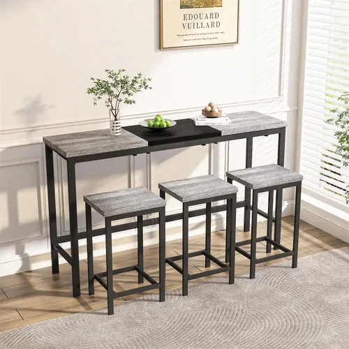 Vista 13 de Harper & Bright Designs Juego de mesa de comedor de 4 piezas, mesa de comedor de madera maciza de 60.2 pulgadas de largo con 3 taburetes y marco