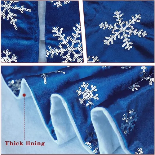 Vista 4 de Bunny Chorus Falda de árbol de Navidad, 36 pulgadas, falda de terciopelo mercerizado azul con copos de nieve de lentejuelas plateadas