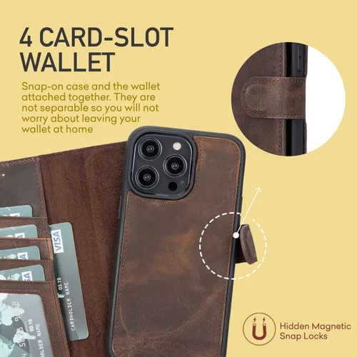 Vista 6 de Bayelon Funda para iPhone 14 Pro Max, funda de cuero de grano completo, 2 en 1, funda magnética desmontable con ranuras para tarjetas, función