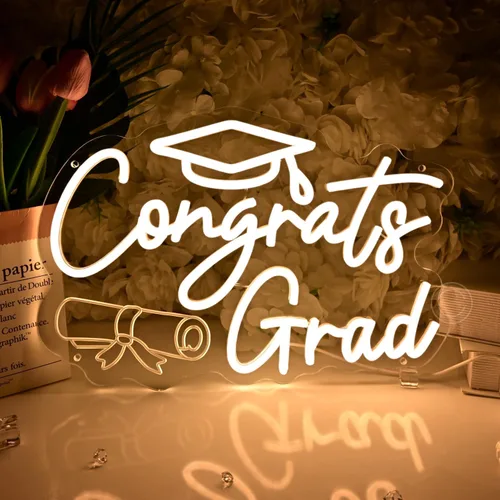 Vista 8 de Britrio Letrero de neón con texto en inglés "Congrats Grad" para graduación, celebración, fiesta, decoración iluminada, clase de 2026
