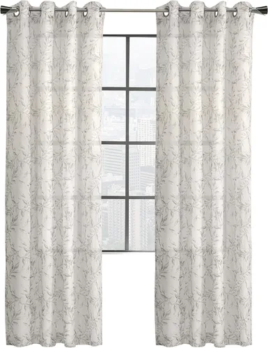 Vista 2 de Jennifer - Cortina transparente con ojales y estampado botánico, 52 x 84 pulgadas, color gris