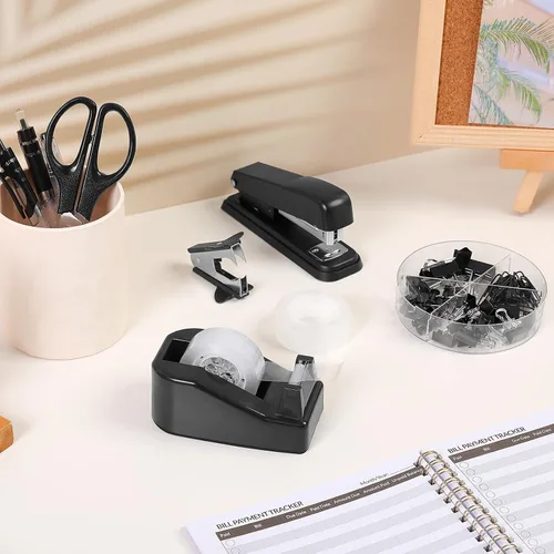 Vista 6 de SKYDUE Juego de suministros de oficina negros, accesorios de escritorio negros, grapadora, dispensador de cinta, tijeras, carpeta/clips de papel