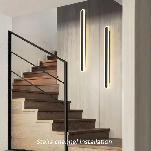 Vista 3 de Paquete de 2 luces LED de pared modernas de 47 pulgadas de largo, 24 W, blanco cálido, 110 V, lámpara de pared rectangular negra, elegante acrílico