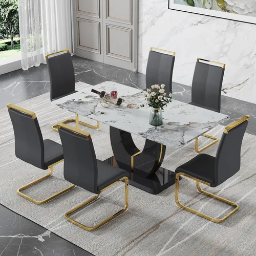 Vista 38 de JUFU Juego de mesa de comedor moderno para 4, juego de mesa de cocina rectangular de 63 pulgadas con mesa de mármol sintético y 4 sillas tapizadas