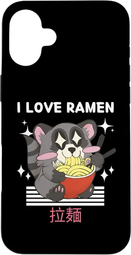 Vista 22 de iPhone 16 I Love Ramen Cute Kawaii Raccoon Eats Ramen Japanese Anime Case