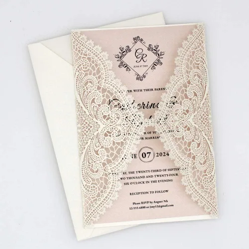 Vista 6 de 1 muestra de invitación de boda de 5 x 7 pulgadas, corte láser, invitaciones de boda rosa rubor de encaje con sobres para bodas, despedidas