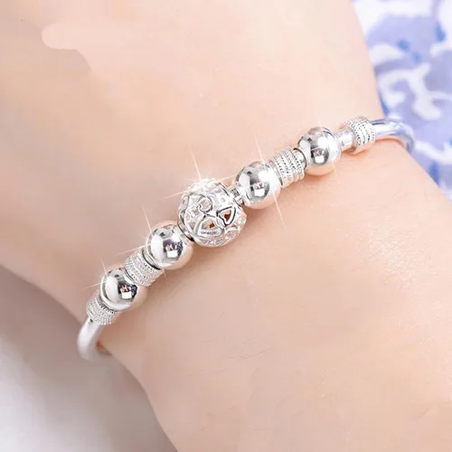 Vista 2 de ZKXYFFS Pulseras de plata de ley 925 para mujer, pulsera de cuentas de plata de ley 925, pulsera de cuentas huecas, pulsera de cuentas ajustables